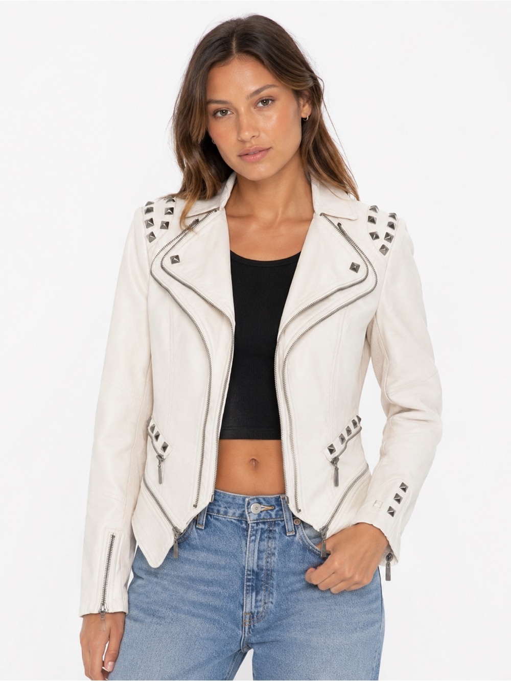 TCEC White Studded Faux Leather Moto Biker Jacket Size Medium
